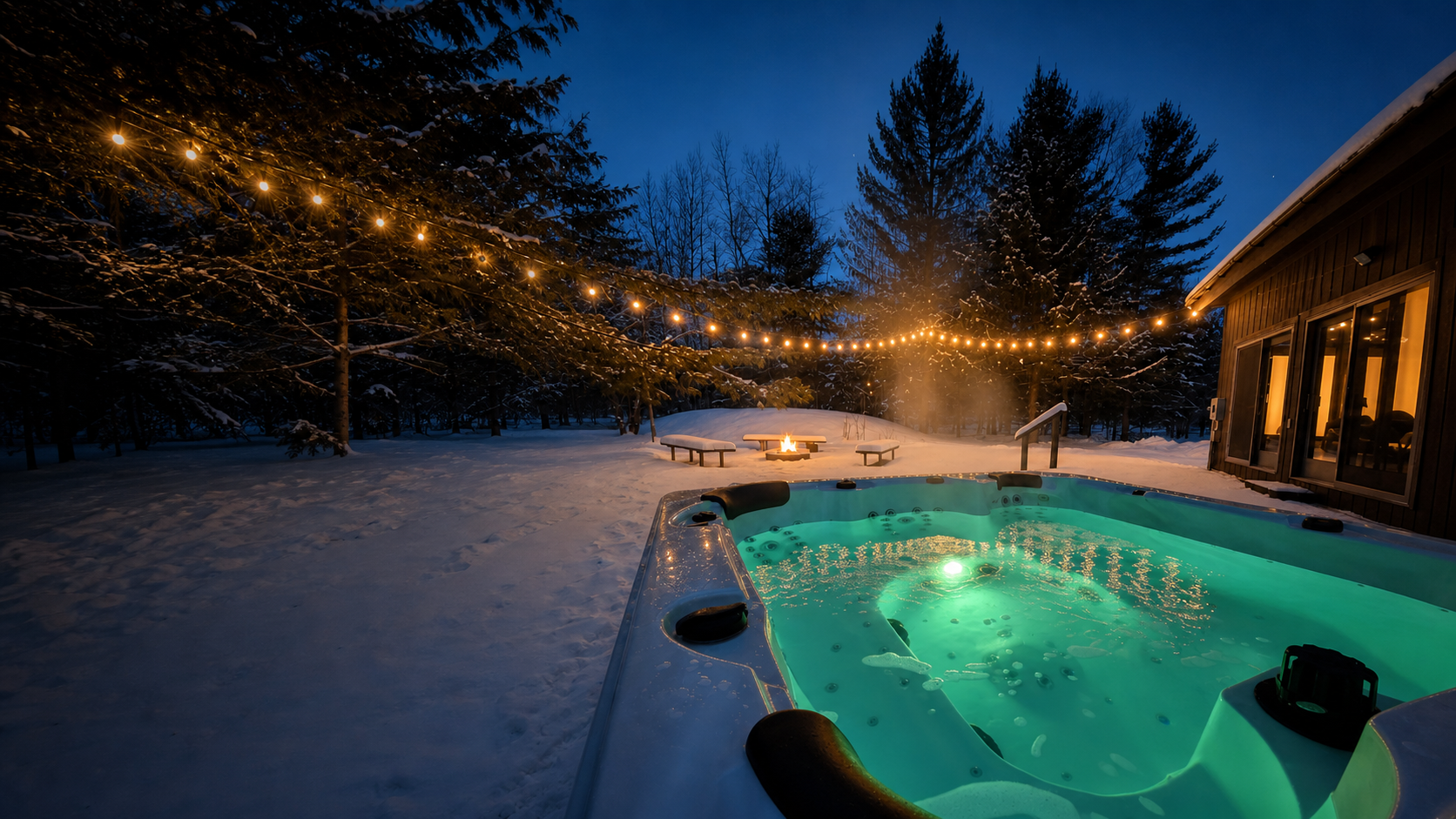 Private hot tub at Serenity A-Frame under winter string lights